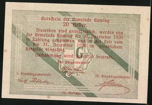 Notgeld Gaming 1920, 20 Heller, Ortspartie mit Torbogen