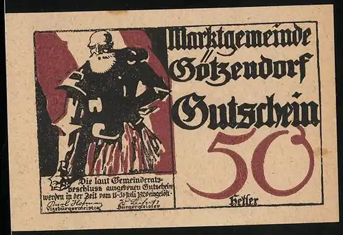 Notgeld Götzendorf 1920, 50 Heller, Ritter in Rüstung vor Flagge