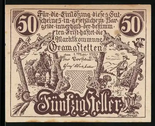 Notgeld Gramastetten 1920, 50 Heller, Bauer mit Pferdeflug auf dem Feld, Jäger mit Dackel