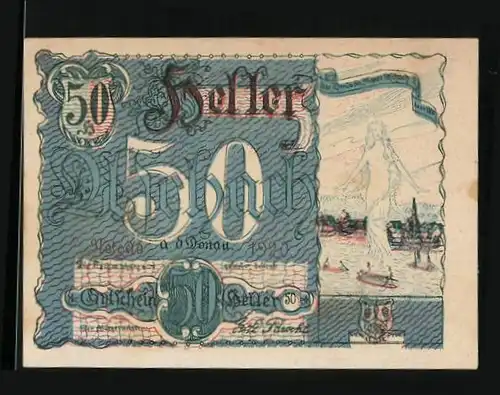 Notgeld Aschach a. D. 1920, 50 Heller, Frauengestalt über dem Wasser