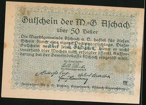 Notgeld Aschach a. D. 1920, 50 Heller, Frauengestalt über dem Wasser