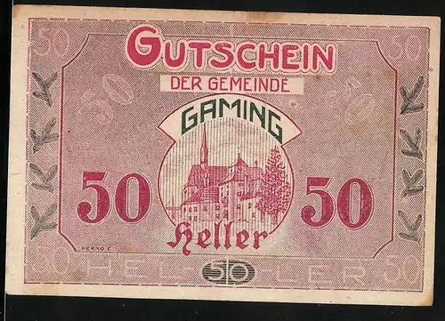 Notgeld Gaming 1920, 50 Heller, Ortspartie mit Wohnhäusern