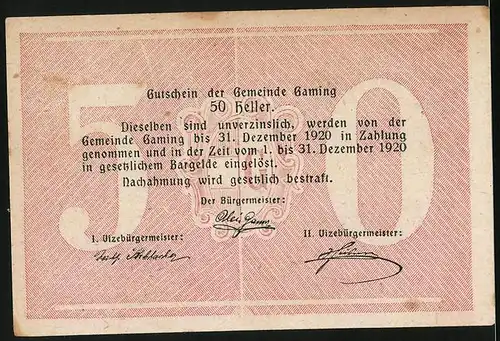 Notgeld Gaming 1920, 50 Heller, Ortspartie mit Wohnhäusern