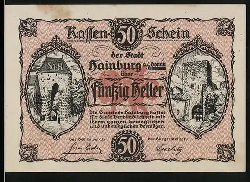 Notgeld Hainburg 1920, 50 Heller, Ortspartie mit Burg