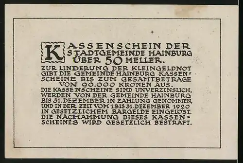 Notgeld Hainburg 1920, 50 Heller, Ortspartie mit Burg