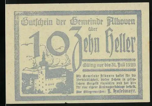 Notgeld Alkoven 1920, 10 Heller, Blick auf grosses Gebäude