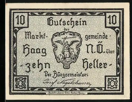 Notgeld Haag 1920, 10 Heller, Strassenpartie mit Blick zur Kirche, Wappen