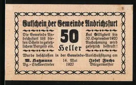 Notgeld Andrichsfurt 1920, 50 Heller, Bürgermeister Josef Fuchs