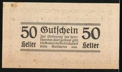 Notgeld Andrichsfurt 1920, 50 Heller, Bürgermeister Josef Fuchs