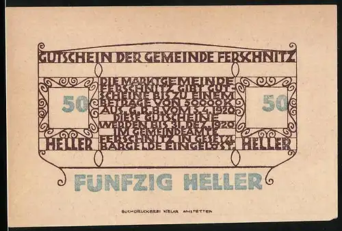 Notgeld Ferschnitz 1920, 50 Heller, Ortsansicht mit Kirche