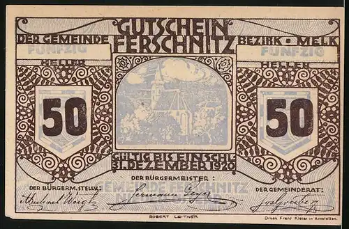 Notgeld Ferschnitz 1920, 50 Heller, Ortsansicht mit Kirche