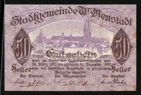 Notgeld Wr. Neustadt 1920, 50 Heller, Ortsansicht mit Kirchturm, Wappen