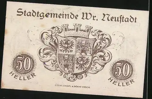 Notgeld Wr. Neustadt 1920, 50 Heller, Ortsansicht mit Kirchturm, Wappen