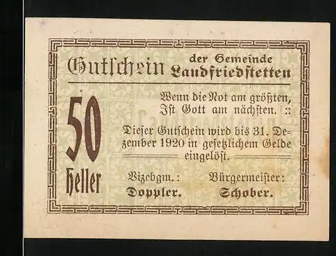 Notgeld Landfriedstetten 1920, 50 Heller, Bürgermeister Schober