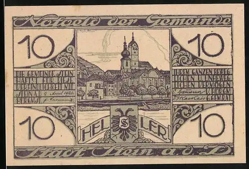 Notgeld Stein / Donau 1920, 10 Heller, Ortspartie mit Kirche