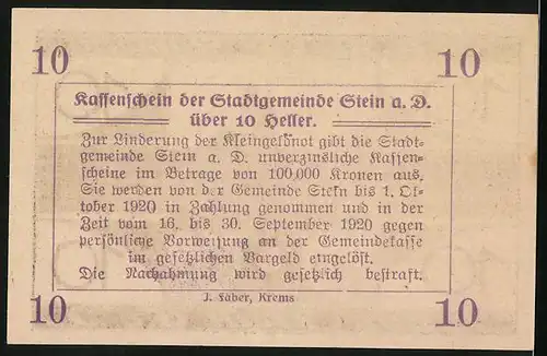 Notgeld Stein / Donau 1920, 10 Heller, Ortspartie mit Kirche
