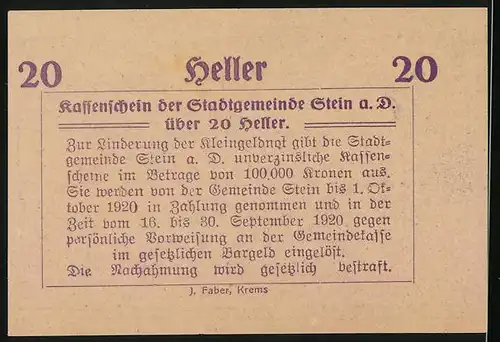 Notgeld Stein a. d. Donau 1920, 20 Heller, Ortsansicht mit Wasserpartie