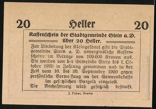 Notgeld Stein a. d. Donau 1920, 20 Heller, Ortsansicht mit Kirchturm