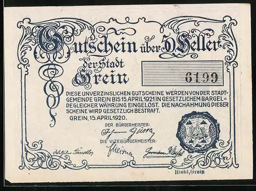 Notgeld Grein 1921, 50 Heller, Ortsansicht mit Kirche, Wappen