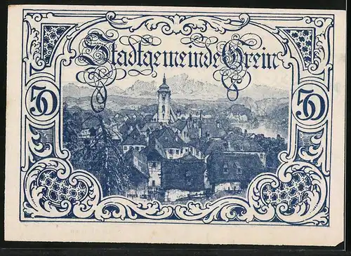 Notgeld Grein 1921, 50 Heller, Ortsansicht mit Kirche, Wappen