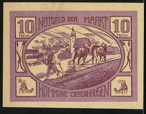 Notgeld Offenhausen 1921, 10 Heller, Bauer mit Pferden auf dem Feld