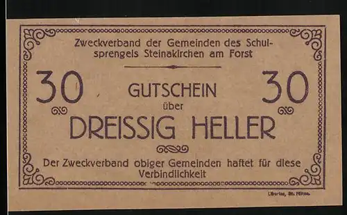 Notgeld Steinakirchen, 30 Heller, Wanderer und junge Dame, Kirche