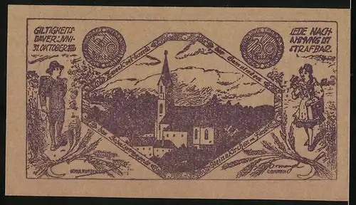 Notgeld Steinakirchen, 30 Heller, Wanderer und junge Dame, Kirche