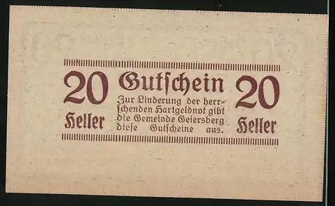 Notgeld Geiersberg 1920, 20 Heller, Bürgermeister A. Mittermeier