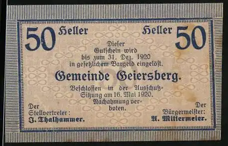 Notgeld Geiersberg 1920, 50 Heller, Bürgermeister A. Mittermeier