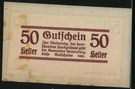 Notgeld Geiersberg 1920, 50 Heller, Bürgermeister A. Mittermeier