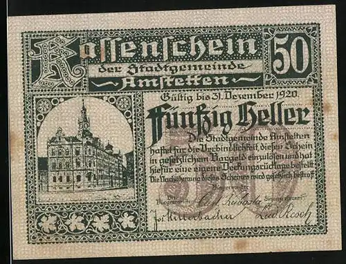 Notgeld Amstetten 1920, 50 Heller, Strassenpartie mit grossem Gebäude, Wappen mit Krone