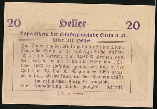 Notgeld Stein a. d. Donau 1920, 20 Heller, Blick auf den Ort