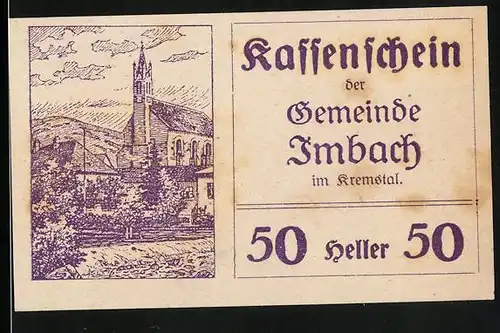 Notgeld Imbach 1920, 50 Heller, Wasserpartie mit Kirche