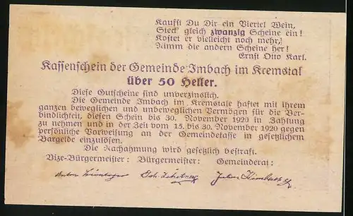 Notgeld Imbach 1920, 50 Heller, Wasserpartie mit Kirche