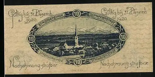 Notgeld Schwanenstadt, 10 Heller, Blick auf die Kirche