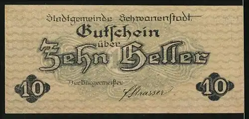 Notgeld Schwanenstadt, 10 Heller, Blick auf die Kirche