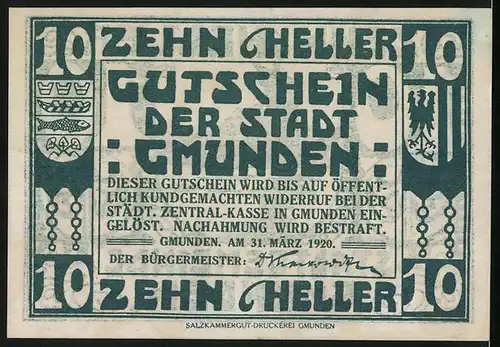 Notgeld Gmunden 1920, 10 Heller, Segelboot auf dem Wasser