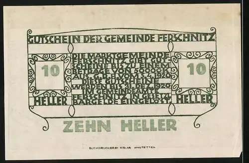 Notgeld Ferschnitz 1920, 10 Heller, Rückansicht der Kirche