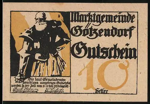 Notgeld Götzendorf 1920, 10 Heller, Mann mit Vollbart in Ritterrüstung