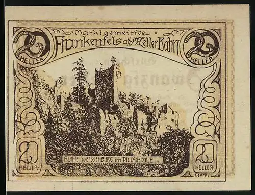 Notgeld Frankenfels a. d. Heller Bahn 1920, 20 Heller, Ruine Weissenburg im Pielachtale