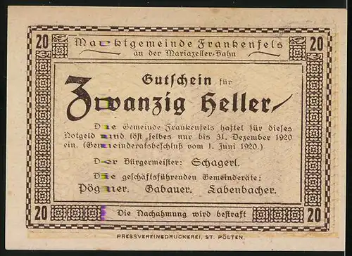 Notgeld Frankenfels a. d. Heller Bahn 1920, 20 Heller, Ruine Weissenburg im Pielachtale