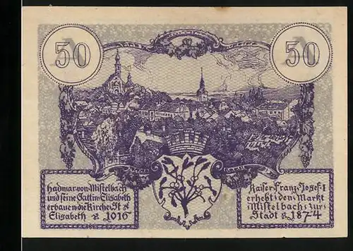 Notgeld Mistelbach 1920, 50 Heller, Ortsansicht, Wappen mit Krone, Denkmal