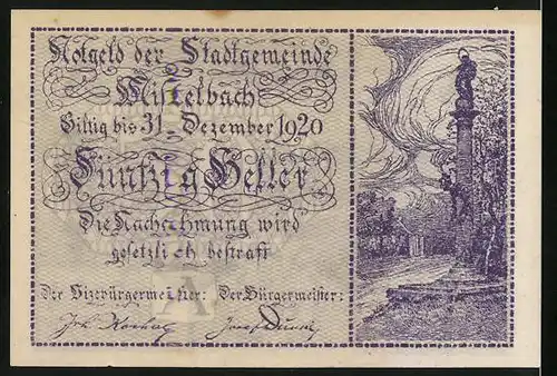 Notgeld Mistelbach 1920, 50 Heller, Ortsansicht, Wappen mit Krone, Denkmal