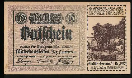 Notgeld Mitterhausleiten 1920, 10 Heller, Bauern auf dem Feld