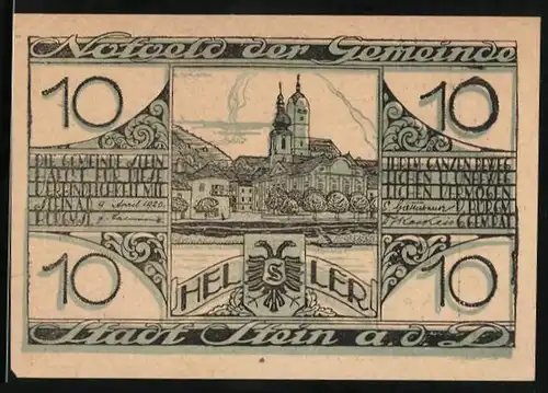 Notgeld Stein / Donau 1920, 10 Heller, Blick auf die Kirche