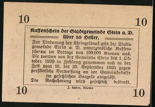 Notgeld Stein / Donau 1920, 10 Heller, Blick auf die Kirche