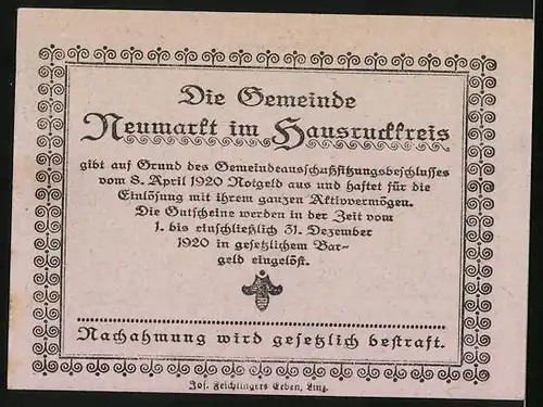 Notgeld Neumarkt / Hausruckkreis 1920, 20 Heller, Ritter mit Fahne vor der Burg