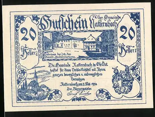 Notgeld Natternbach 1920, 20 Heller, Vaterhaus des Landeshauptmanns Joh. Rep. Hauser