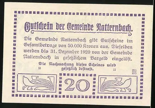 Notgeld Natternbach 1920, 20 Heller, Vaterhaus des Landeshauptmanns Joh. Rep. Hauser