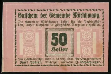 Notgeld Mörschwang 1920, 50 Heller, Bürgermeister Karl Dobler